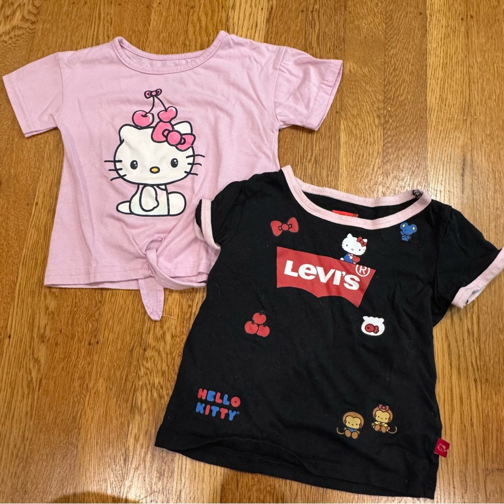 4/$20 Lot of 2 Hello Kitty tops Levi's Black logo top, Purple tie tee, sz 3t